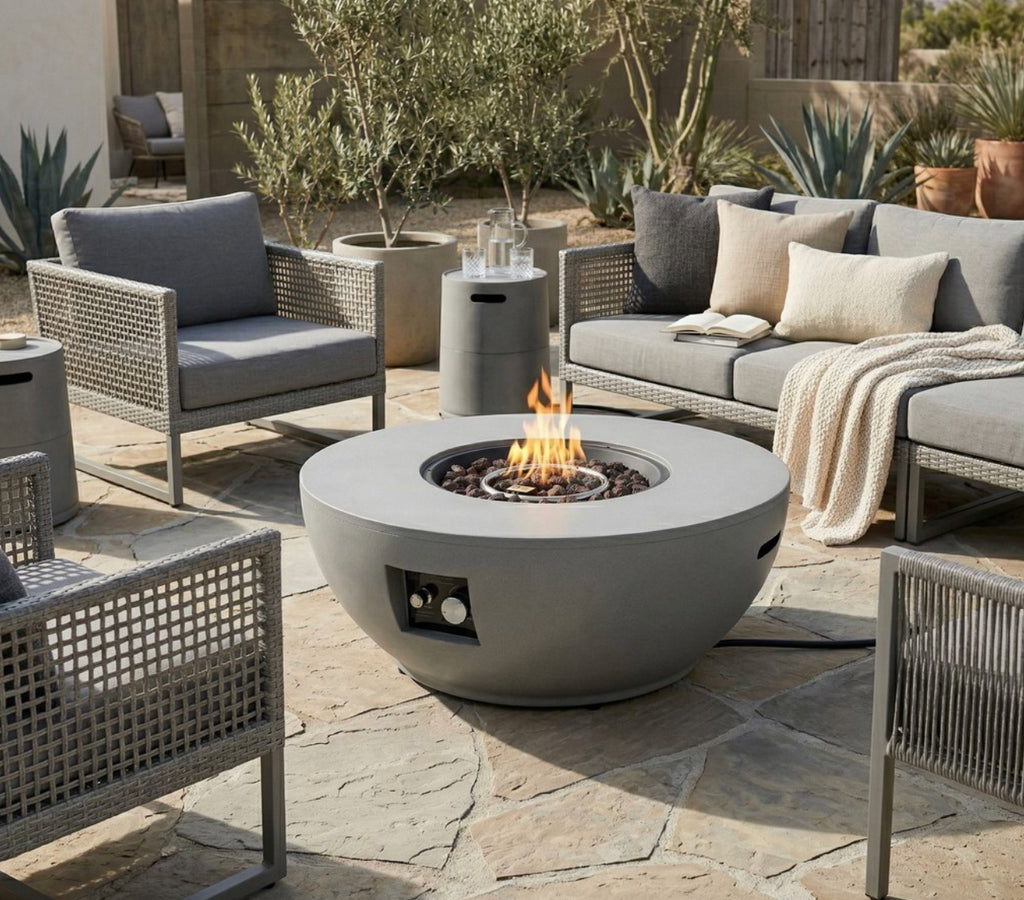 Wideburn Solara 36” Round Concrete Fire Pit – 50,000 BTU Outdoor Gas Fireplace