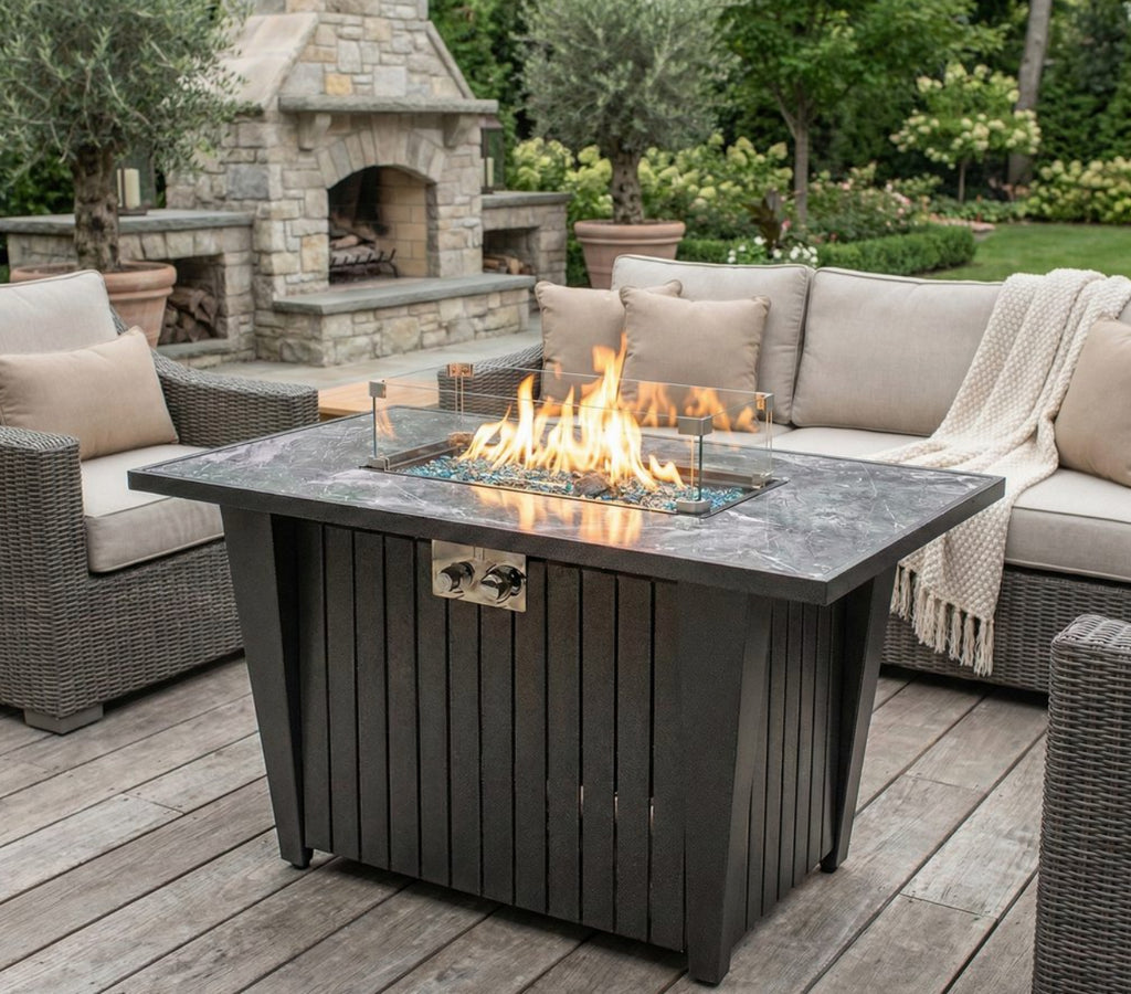 Wideburn Austin 42” Marble Fire Table – 50,000 BTU Outdoor Gas Fireplace
