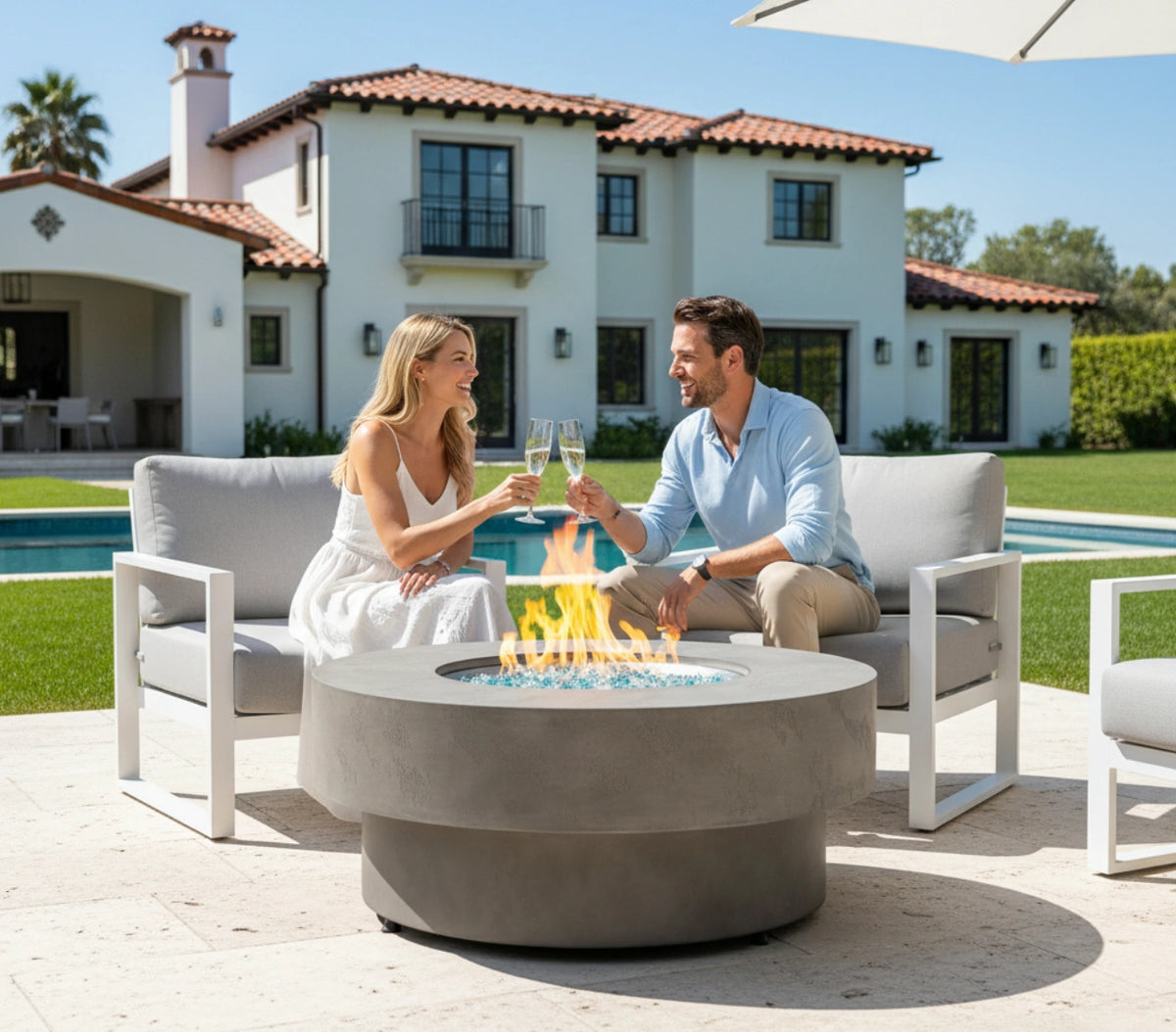 Wideburn Siena 33” Round Concrete Fire Pit – Luxury Outdoor Gas Fireplace