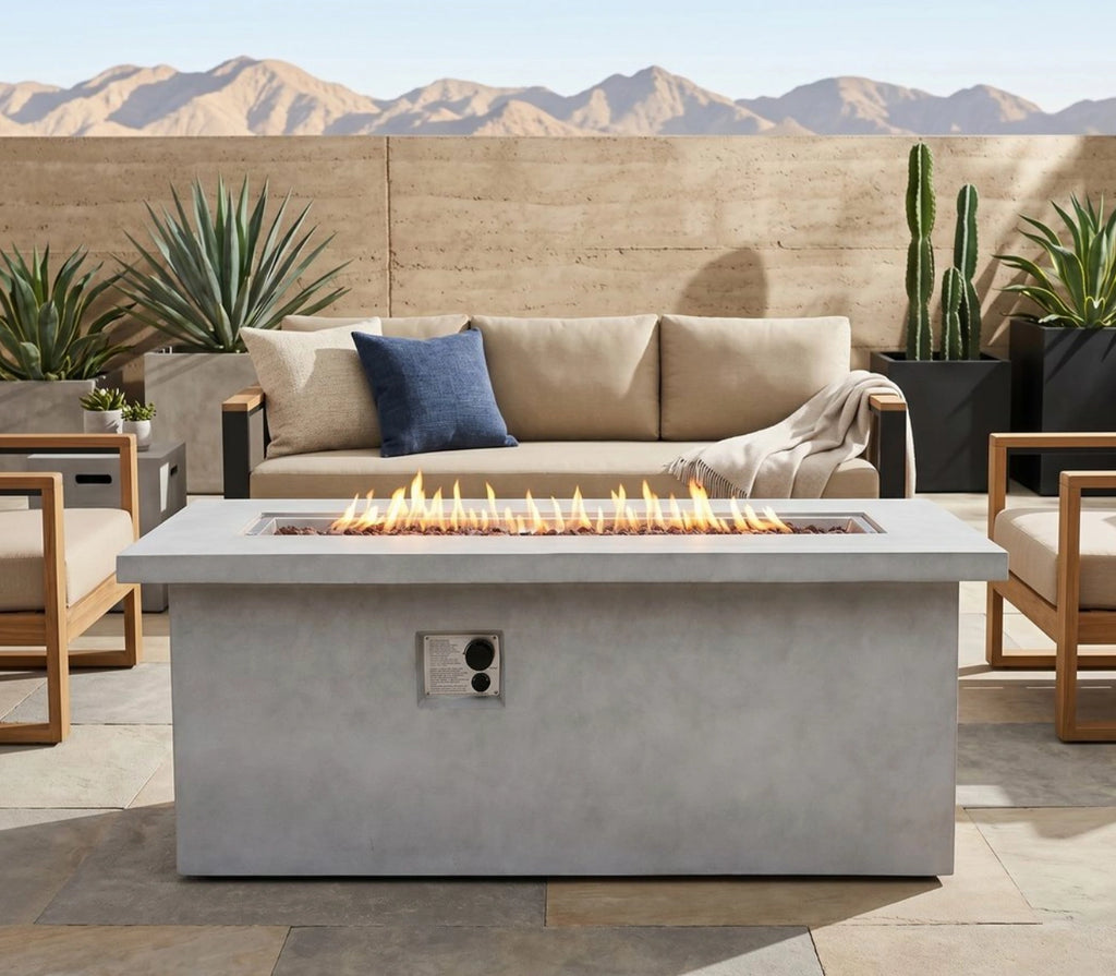 Wideburn Avalon 60” Concrete Fire Table – 65,000 BTU Luxury Outdoor Gas Fireplace