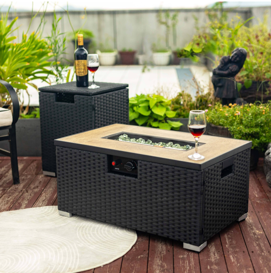 Wideburn Bristol 31” Rectangular Rattan Fire Pit Table – Outdoor Propane Gas Fireplace