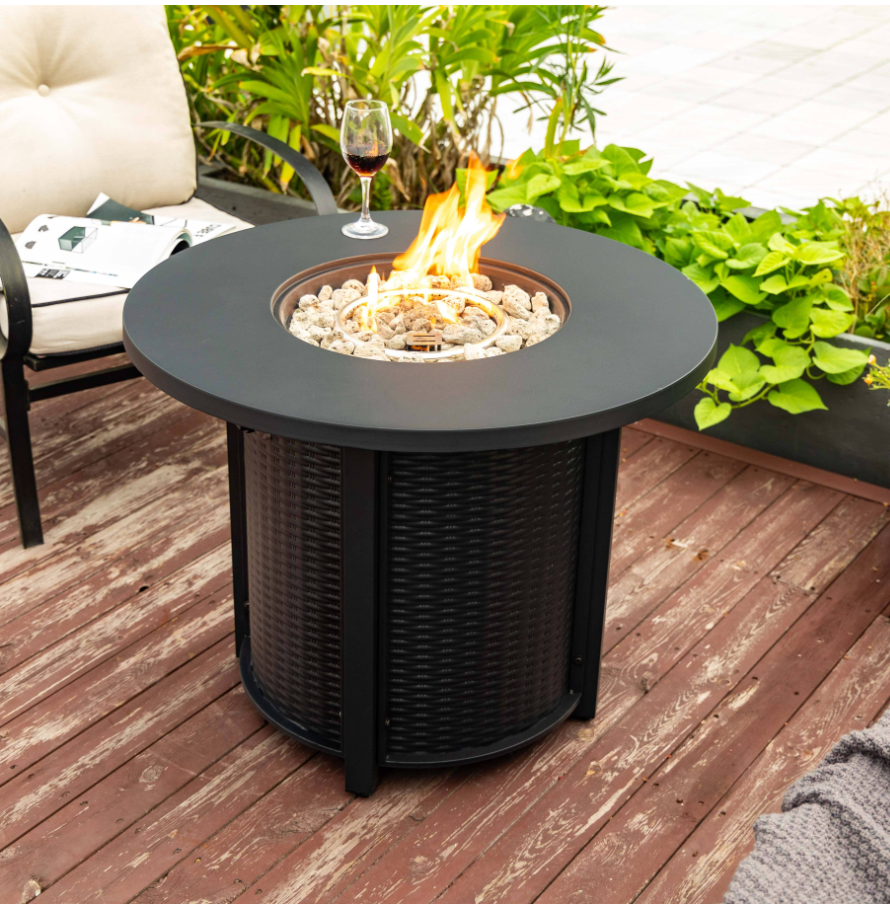 Wideburn Prescott 32” Round Metal Fire Pit Table – Outdoor Propane Gas Fireplace