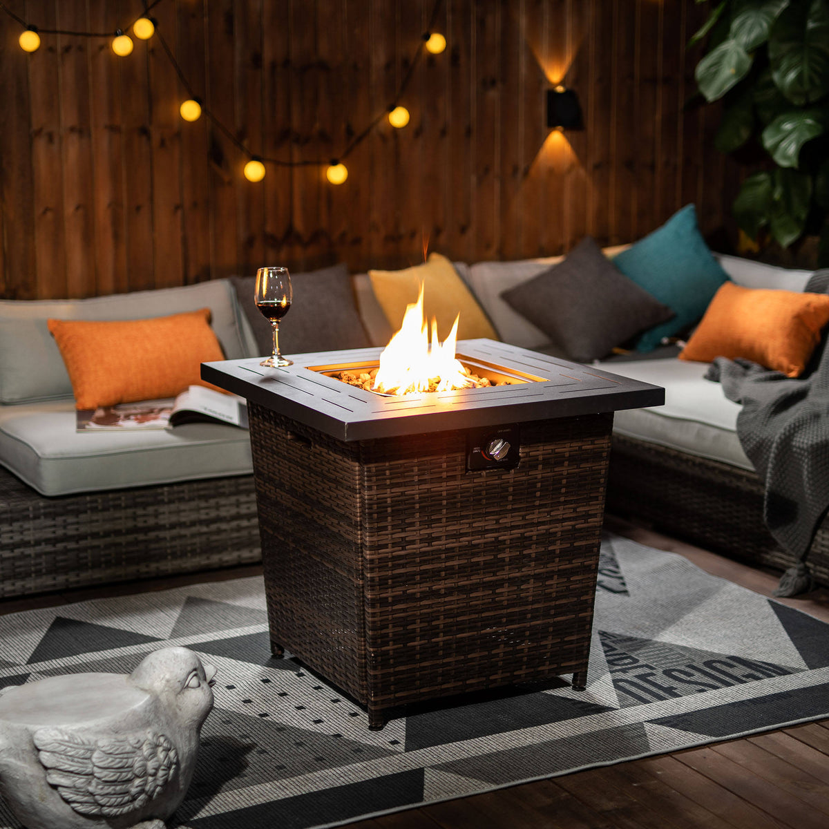 Wideburn Ashcroft 27” Square Rattan Fire Pit Table – Outdoor Propane Gas Fireplace