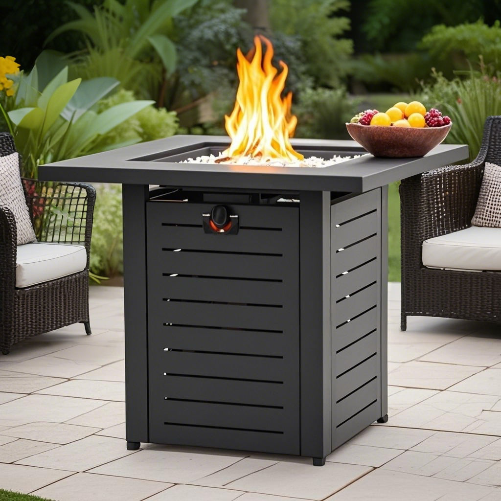 Wideburn Meridian 28” Square Metal Fire Pit Table – Outdoor Propane Gas Fireplace