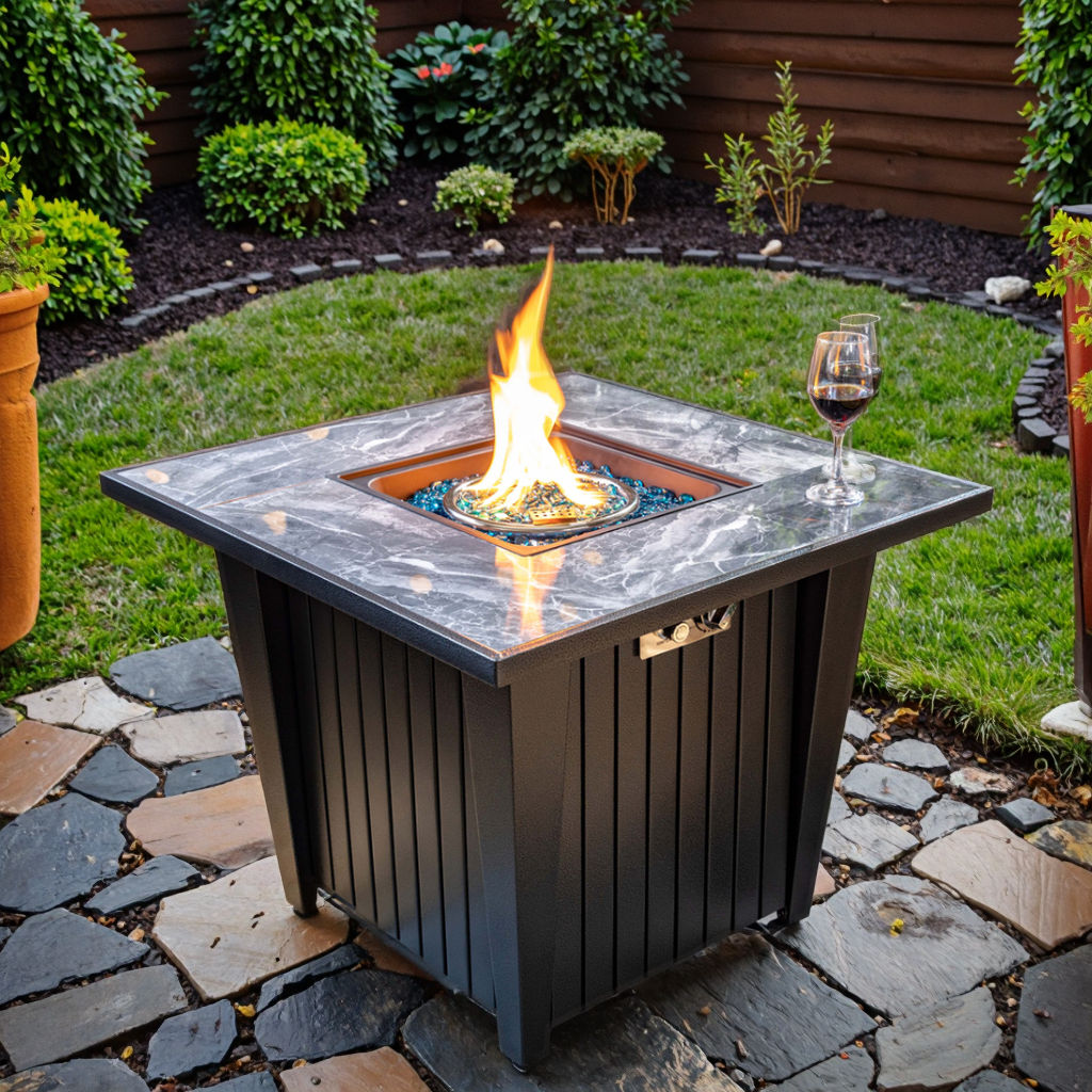 Wideburn Sterling 31” Square Metal Fire Pit Table – Outdoor Propane Gas Fireplace