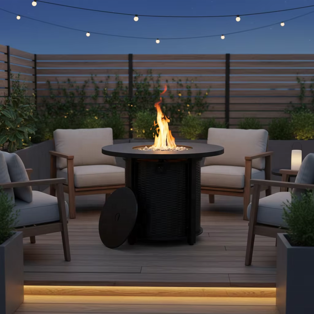 Wideburn Prescott 32” Round Metal Fire Pit Table – Outdoor Propane Gas Fireplace