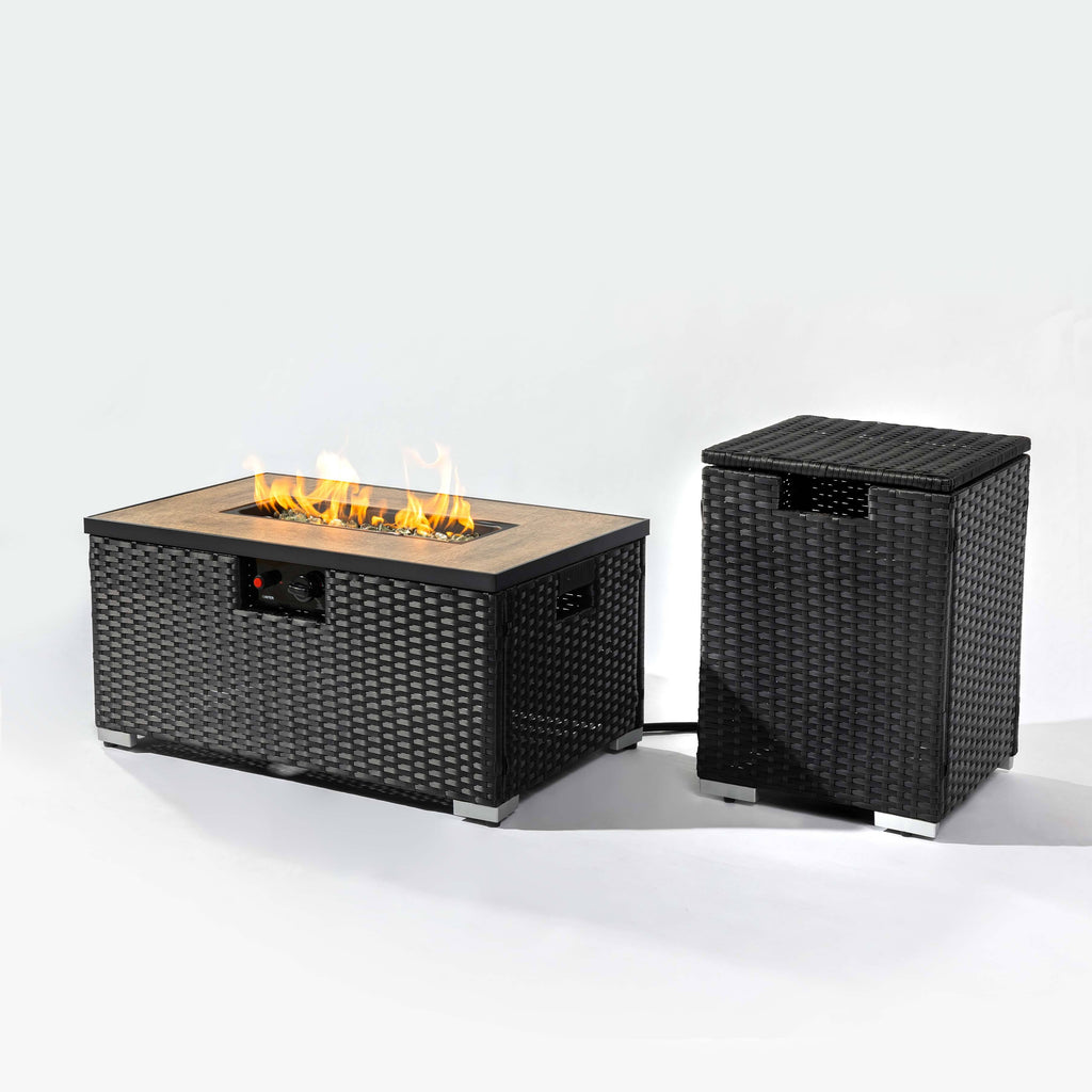 Wideburn Bristol 31” Rectangular Rattan Fire Pit Table – Outdoor Propane Gas Fireplace